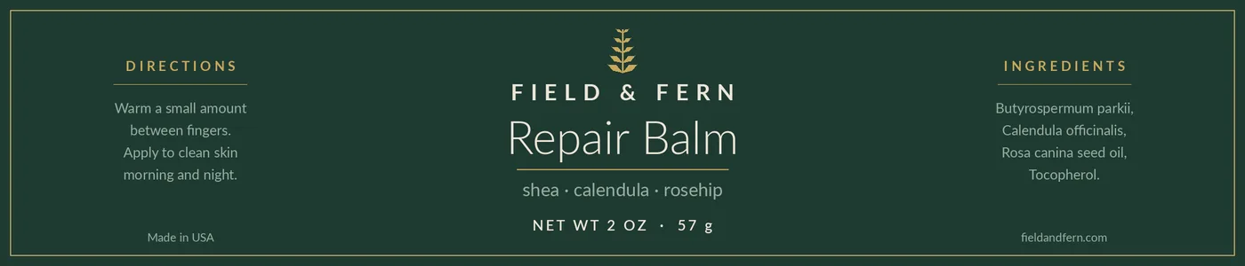 A full-wrap label laid out flat: directions on the left, the brand and product name in the middle, ingredients on the right